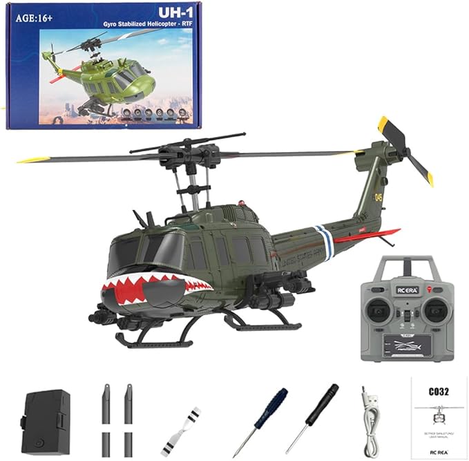C032 UH-1 Huey RC Helicopter for Adults - 1/48 Scale 2.4G 6CH Flybarless Remote Control Helicopter Model 3D Stunt Flight &amp High-Precision RC Airplane (Shark Mouth(1 Battery))