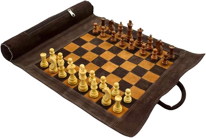 19X15 Genuine Leather Chess Set (Chess Size-12X12) - with 3 King Size Chess Pieces &amp Roll-Up Leather Chess Board (Brown(Suede))