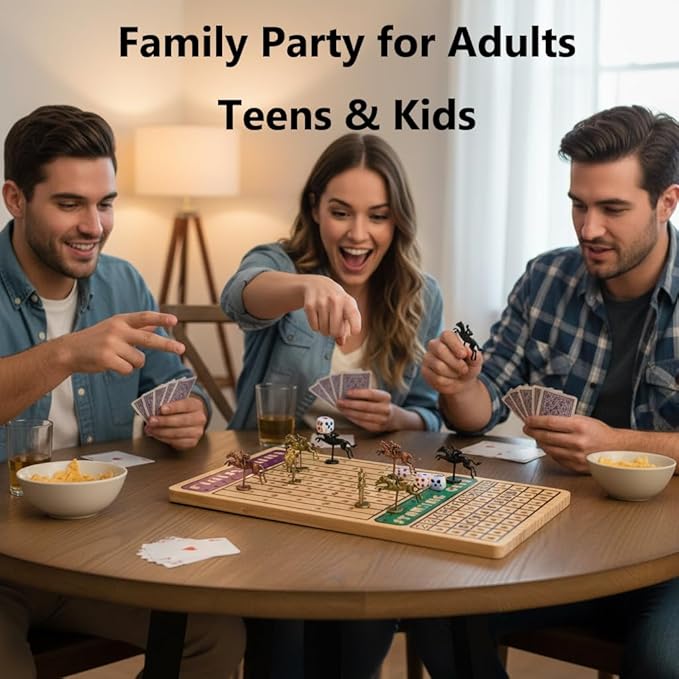 Horse Race Board Game with 11 Luxury Metal Horses 4 Dice 2 Card Boxes and Thickened Wood Game Board for 2-11 Players Family Party for Adults Teens &amp Kids Horse Racing Game