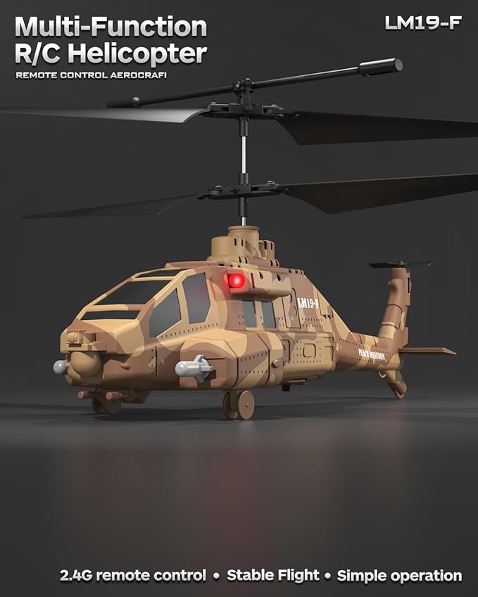 RC Helicopter with Missiles 2.4GHz Remote Control Army Helicopter for Beginners &amp Adults Military Helicopter LED Lights Altitude Hold One-Key Take Off Gift for Military Fans (Brown)