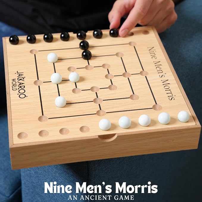 Nine Mens Morris Board Game Marble Strategy Game Solid Wooden Game Set with 18 Marbles 2 Player Board Games Ancient Games Nine Mens Morris Game Mill Classic Games for Adults (Oak)