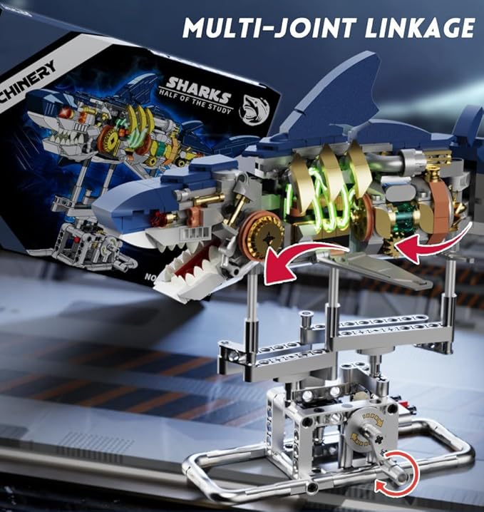 Mechanical Shark Fish Building Block Set687 PCS Movable Ocean Animals Decor Collection Toy Compatible with Lego Sets for Boys 8-14STEM Birthday Gift for Adults Women Girls Boys Age 8-12(with LED)