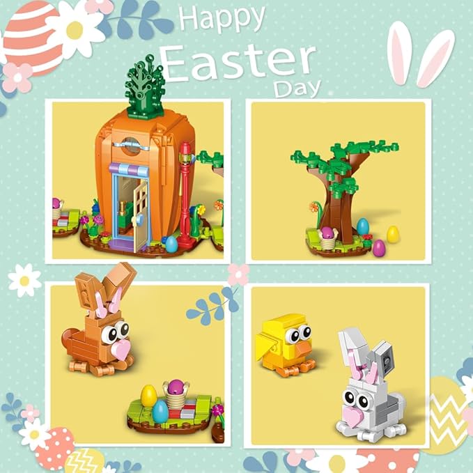 Easter Bunny Carrot House Building Set 2 Rabbits Chick Colorful Easter Egg and Basket Toy Building Blocks Kit Ornaments Gift for Boys Girls Adults