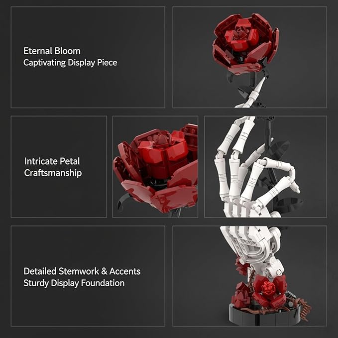 Gothic Skull Hand Red Rose Bouquet Building Set Gothic Horror Decor BotanicalBotanical Collection Kit for Adults and Women Valentine's Day Gift Gothic Romantic Horror Skeleton Home Table Decor