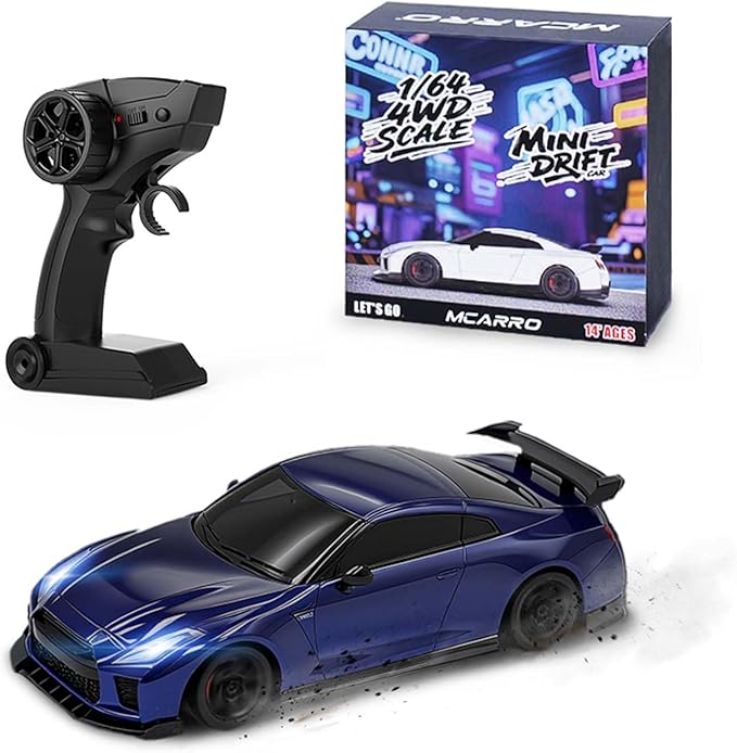 1/64 Scale Drift RC Car - 2.4GHz Half-Scale Remote Control 4WD High-Speed Mini Remote Control Car with Racing Lights (Blue)