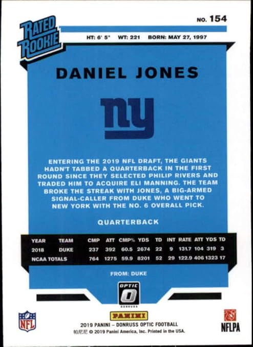 2019 Donruss Optic #154 Daniel Jones RC Rookie New York Giants NFL Football Trading Card