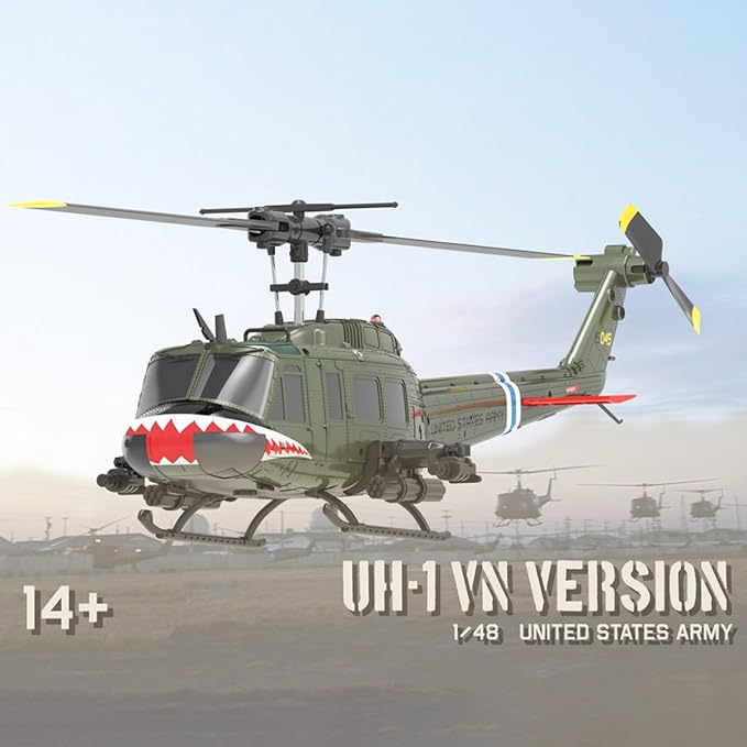 C032 UH-1 Huey RC Helicopter for Adults - 1/48 Scale 2.4G 6CH Flybarless Remote Control Helicopter Model 3D Stunt Flight &amp High-Precision RC Airplane (Shark Mouth(1 Battery))