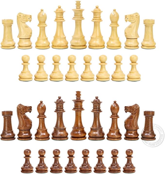 House of Chess - Tournament Chess Set Pieces - Unique Staunton Golden Acacia Wood/Boxwood - King Height: 3.75 (95 mm) - 2 Extra Queens - Weighted