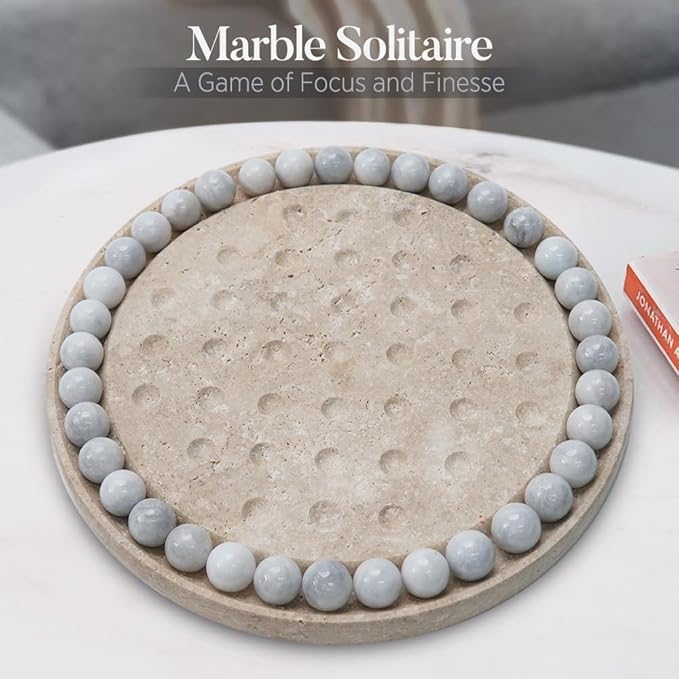 Marble Solitaire Board Game 10 Travertine Mind Game with 42 White Marble Balls Classic Puzzle Game for Family Modern Tabletop Brain Teaser