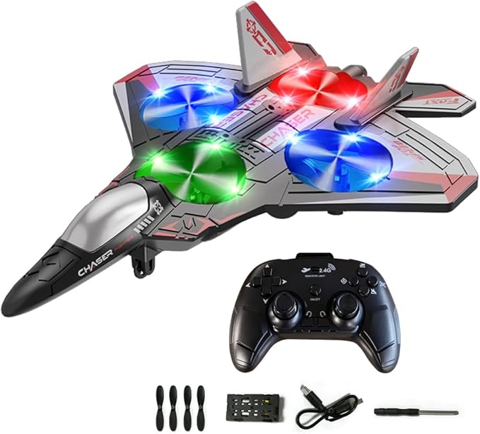 2.4GHz Wireless RC Plane | RC Airplane for Kids Adults &amp Beginners | Foam Remote Control Airplane | Colorful LED Lights | Fighter Jet Glider with Auto Return | Gifts for Children 6+ Years Old