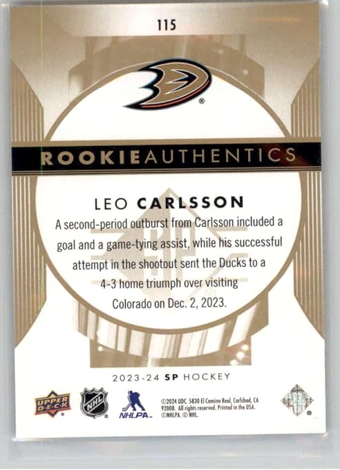 2023-24 Upper Deck SP Gold Tint Patterned Foilboard #115 Leo Carlsson RC Rookie Card Anaheim Ducks Official NHL Hockey Card in Raw (NM or Better) Condition