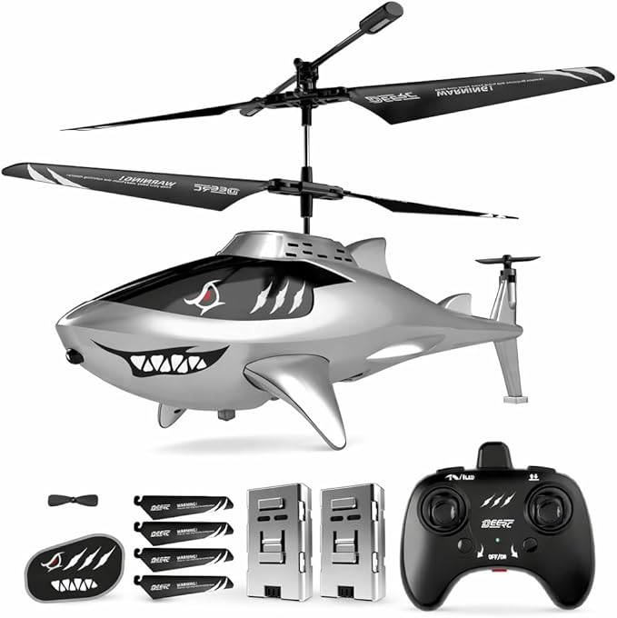 DEERC Remote Control Helicopter for Kids and Adults RC Shark Helicopter with Altitude Hold One Key Takeoff/Landing LED Lights 2 Batteries 24 Min Flight Time Indoor Flying Toy Gift