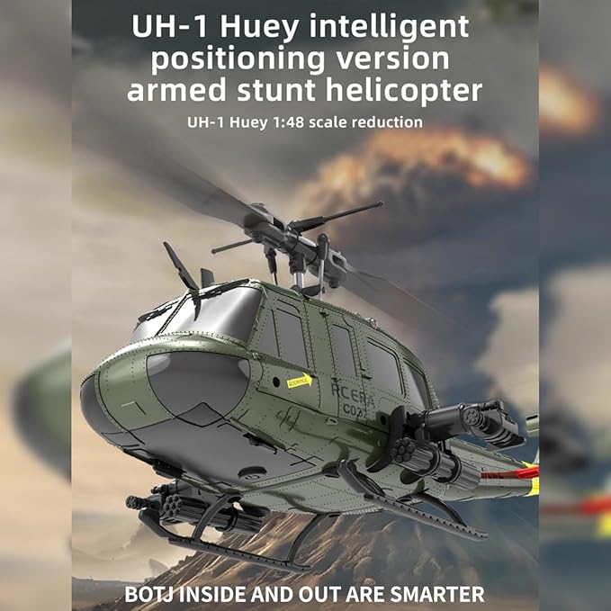 C032 UH-1 Huey RC Helicopter for Adults 1/48 Scale 2.4G 6CH Flybarless Stunt RC Plane 6-Axis Gyroscope Optical Flow Positioning TOF Lidar Height Setting for Beginners (Dark Blue(2 Batteries))