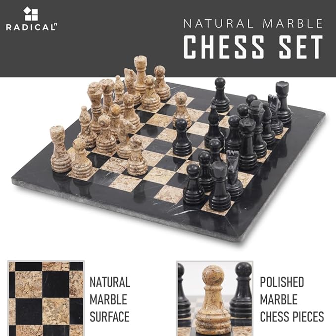Radicaln Marble Chess Set 15 Inches Handmade Black and Fossil Coral Classic Strategy Board Game for Adults Ideal Marble Chess Board &amp Pieces for Luxury Décor