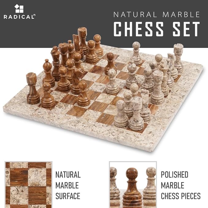 Radicaln Marble Chess Set 15 Inches Coral and Dark Brown Handmade Luxury Board Games for Adults Ideal Marble Chess Board Game Set &amp Chess Pieces for Home Decor