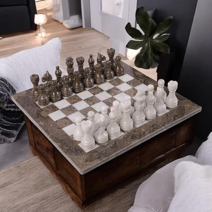 Large Handmade Full Chess Set Marble Chess Board 32 Chess Game Pieces Unique Home décor. Handcrafted Tournament Chess Board - 2 Players. (Grey White)