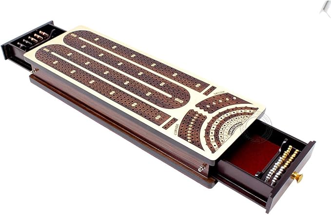 House of Cribbage - Continuous Cribbage Board/Box Inlaid in Maple/Rosewood : 4 Track - Side Drawers with Score Marking Fields for Skunks Corners and Won Games