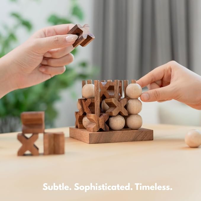 Wooden Tic Tac Toe (XOXO) Game – Handmade 2-Player Strategy Board Game – Travel Size Rustic Tabletop Decor – Sustainable Wood Gift for Adults Couples and Professionals (Mini 3D Tic Tac Toe)