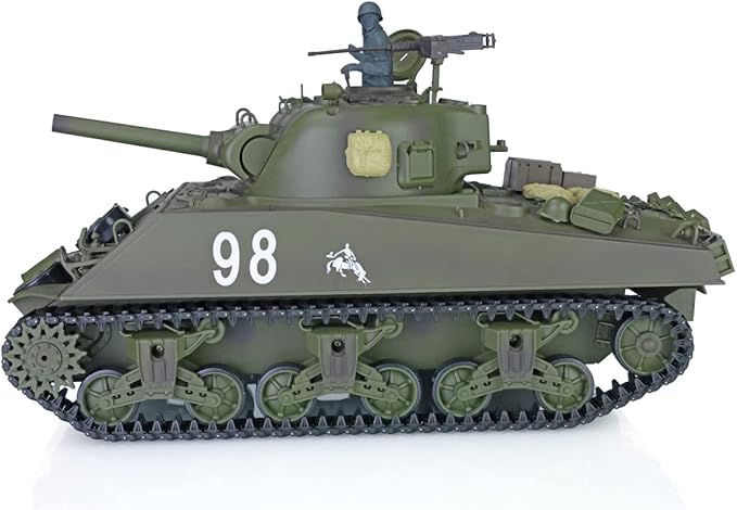 Heng Long US in Stock RC Tank 2.4G 1/16 Scale 7.0 Plastic Version M4A3 Sherman Smoking Unit Battle Tank Military Transport Vehicles 340° Rotating Turret IR Combat Model 3898 BB Airsoft