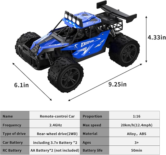 Remote Control Car Monster Truck Toys 1:16 Scale RC Car For Boys 2.4GHz High Speed 20 km/h With LED HeadlightsRechargeable RC Cars Gifts for Boys 4-7 8-12 Christmas Beginner Kids 6-12+(Blue)
