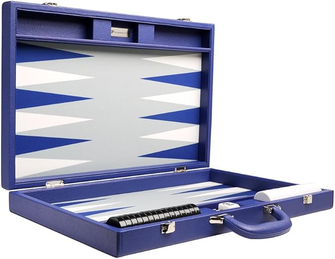 19-inch Premium Backgammon Set - Large Size - Indigo Blue Board White and Navy Blue Points