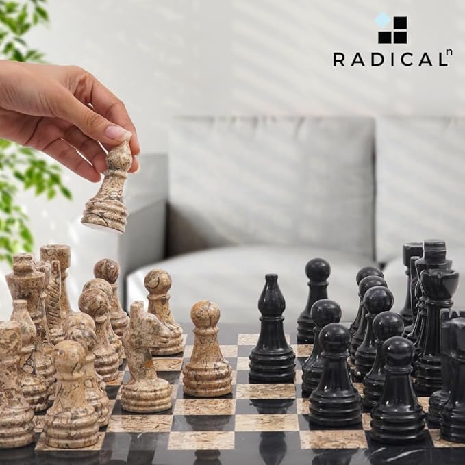 Radicaln Marble Chess Set 15 Inches Handmade Black and Fossil Coral Classic Strategy Board Game for Adults Ideal Marble Chess Board &amp Pieces for Luxury Décor