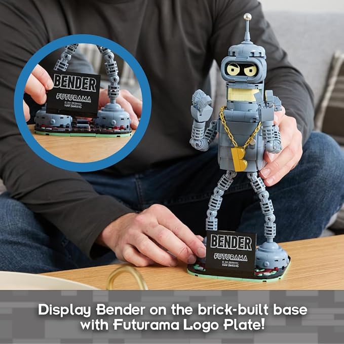 Brickcraft Futurama Bender Brick Building Kit | 396-Piece Posable Robot Figure with Gold Chain &amp Drinks | Sci-Fi Collectible Display Model Holiday for Adults Teens &amp Animated TV Fans