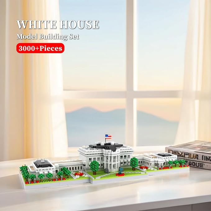 White House Micro Building Blocks Set 3000 Pieces Panoramic Architecture Model Kit (Includes West &amp East Wings) Expert Mini Bricks Puzzle for Adults Washington DC Landmark Souvenir Gift