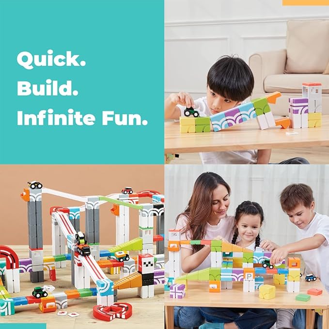 QBI Magnetic Blocks for Toddlers Ages 2-4｜STEM Magnetic Building Blocks with Trucks &amp Fruit Tiles｜Montessori Magnet Building Cubes for Kids｜Educational Gifts for Boys &amp Girls Ages 2+ (32PCS)