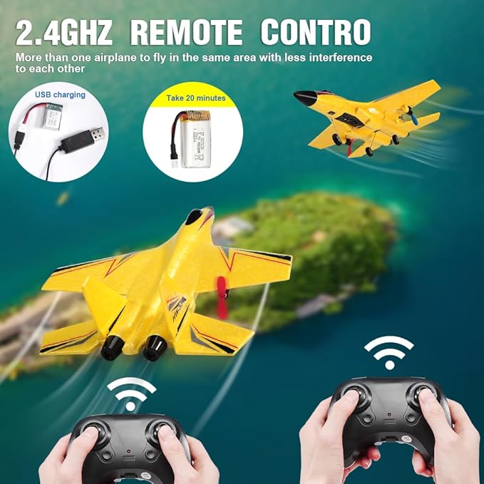 SU-27 RC Airplane2.4GHz 2 Channel Remote Control Plane with Gyro Night Lights and 2 Batteries Easy to Fly for Adults Beginners and Kids Yellow Toy