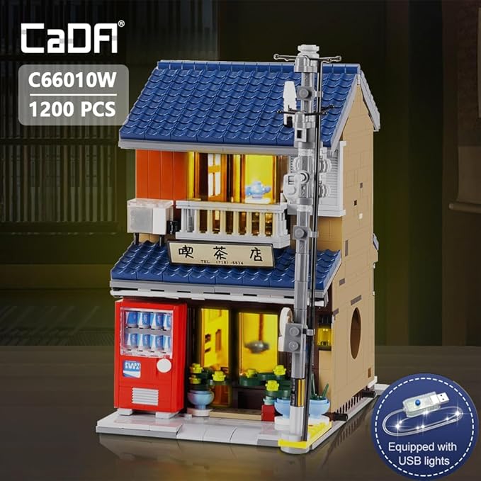 CaDA Japanese Style Tea House Building Block Master C66010W Japan Street Shop Brick Set with Lights 1200PCS Modular House Idea Gift for Boys Adults