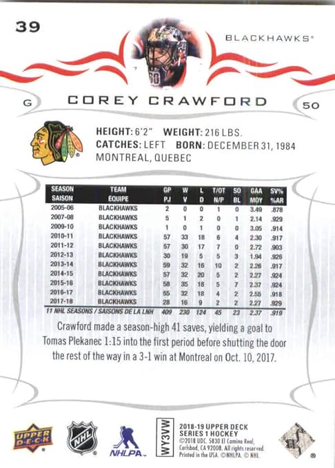 2018-19 Upper Deck #39 Corey Crawford Chicago Blackhawks NHL Hockey Trading Card