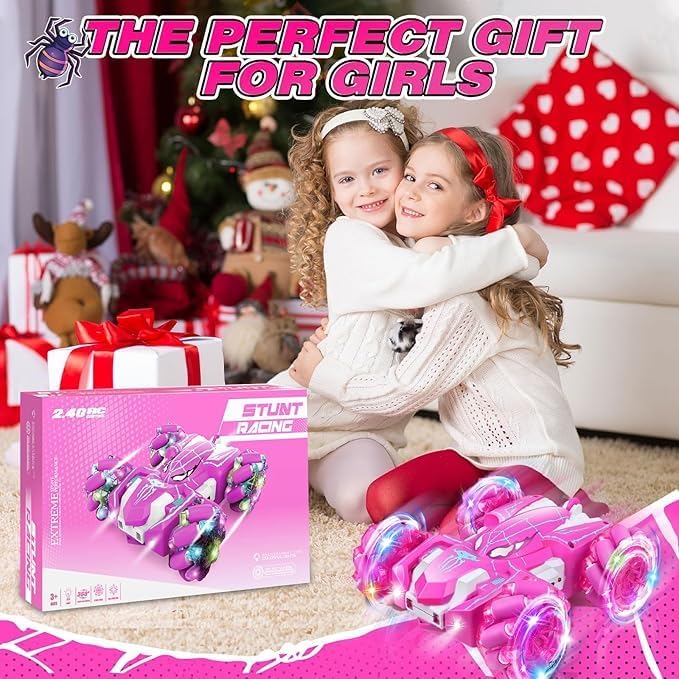 Spider Remote Control Car Double Sided 360°Rotating USB Direct Charging RC Cars with Cool Lights 2.4Ghz Drift RC Stunt Car 360°Rotating 4WD Off-Road Race Toys for 4-12 Boy Girl Kids Gifts(Pink)