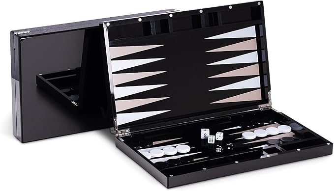 Bey-Berk Damien Acrylic Backgammon Set 14 Black Lucite Case with Magnetic Closure and Complete Playing Pieces Sleek Modern Game Display