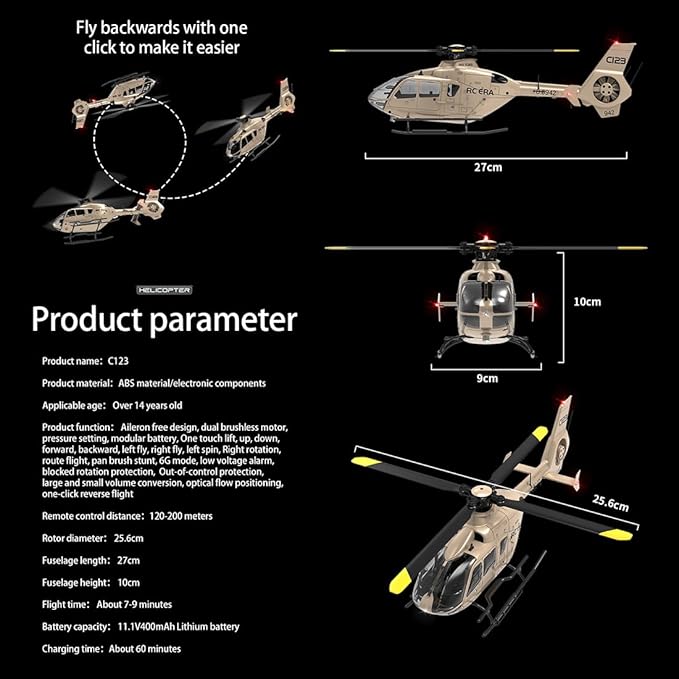 RC ERA C123 EC135 6CH RC Helicopter 1/36 Scale Military Aircraft Single-Rotor Gyroscopic Stabilization with Altitude Hold/One-Key Take Off for Beginners &amp Adults -RTF/2 Battery