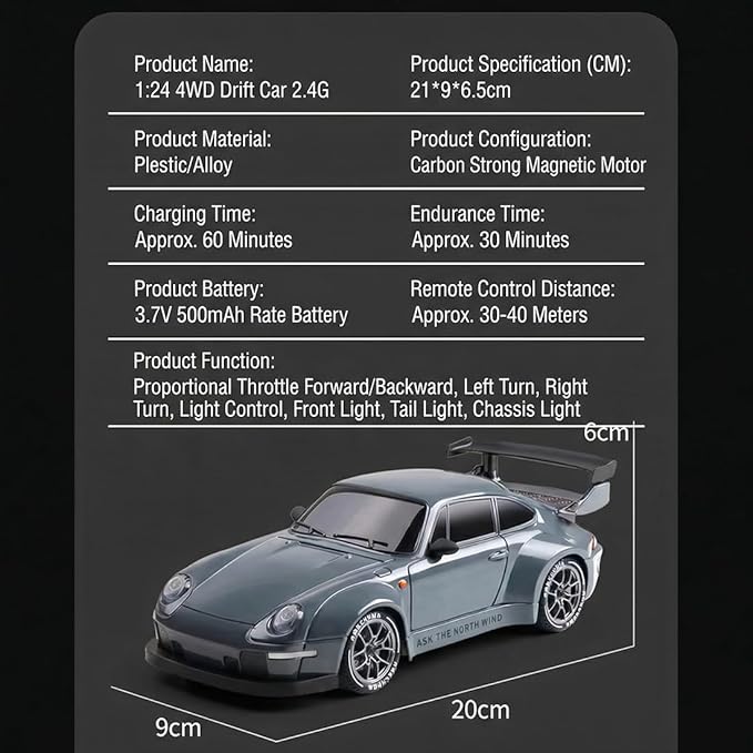High Speed 1:24 4WD RC Drift Car with Proportional 2.4G Remote Control Dual Tire Configuration and LED Light Racing Vehicle Model for Adults Enthusiasts– Olive Green
