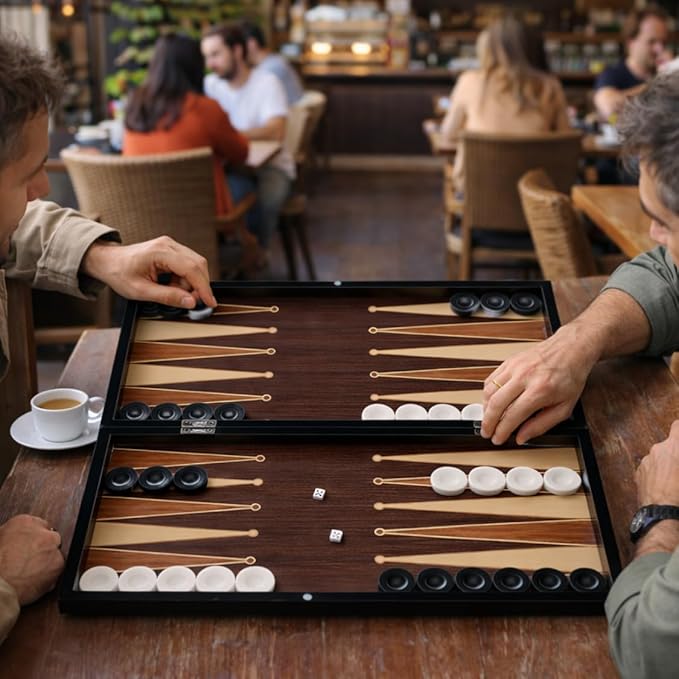 Park&ampOz Walnut Premium Turkish Backgammon and Checkers Set 19 Inch Handmade 2 in 1 Wooden Board Game with Glossy Finish Luxury Checkers and Dice Travel Friendly and Foldable