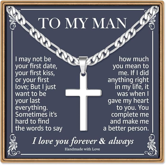 IEFLIFE Easter Basket Stuffers - Cross Necklace Easter Gifts for Men Boys Silver Figaro Chain Cross Necklace Jewelry Christian Baptism Gifts for Boys Birthday Gift for Dad Husband Son Grandson