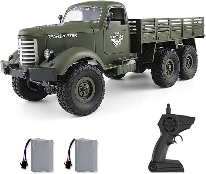 GoolRC RC Military Truck 1:16 Scale Remote Control Car 6WD RC Army Car All Terrain Off-Road RC Truck 2.4GHz Electric Military Transporter Vehicle with Headlights 2 Batteries for Adults