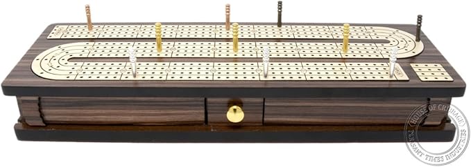 House of Cribbage - Continuous Cribbage Board Inlaid 4 Tracks Rosewood/Maple with Sliding Lids and Drawer