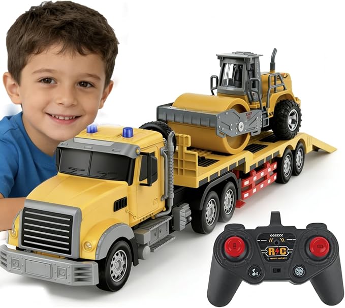 Remote Control Semi Truck with Trailer -24 Inch RC Semi-Trailer Engineering Tractor with Road Roller Toys1:24 Truck with LED Lights &amp Music Great Gift for Boys Girls