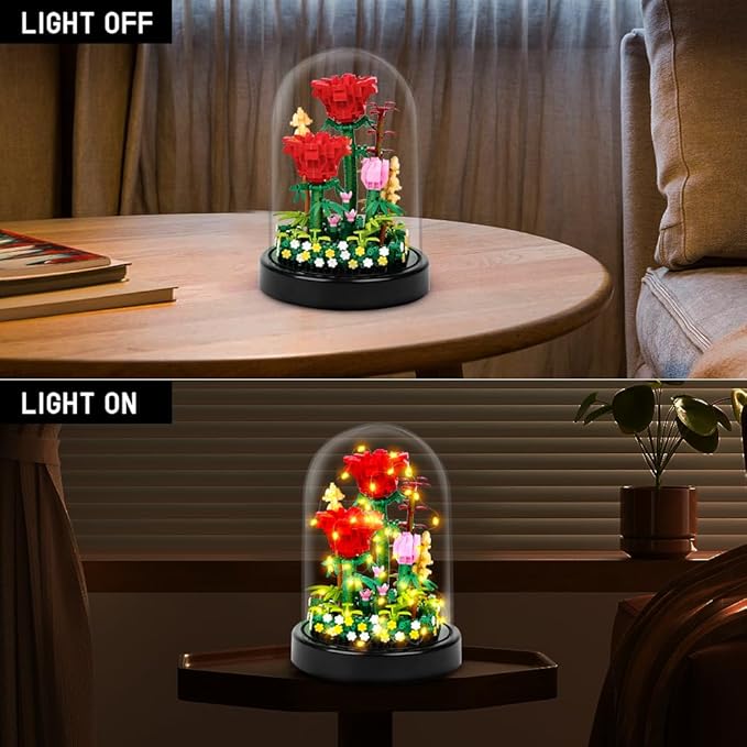 HOGOKIDS Flower Bouquet Building Set with LED Lighting - 596 PCS Red Rose Kits with Cover Botanical Building Blocks | Birthday Mini Bricks Easter Gifts for Kids Girls Teens Adults Home Decor Display