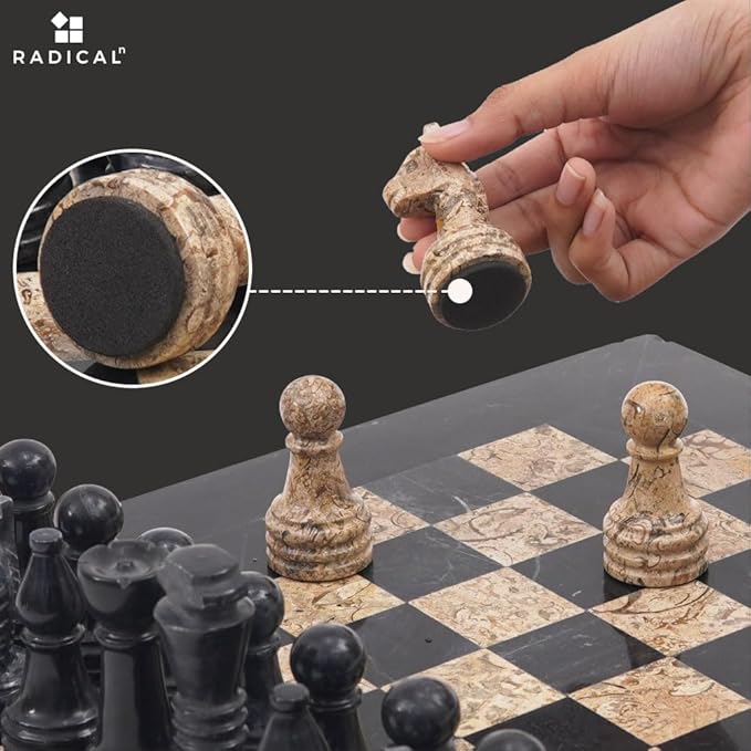 Radicaln Marble Chess Set 15 Inches Handmade Black and Fossil Coral Classic Strategy Board Game for Adults Ideal Marble Chess Board &amp Pieces for Luxury Décor
