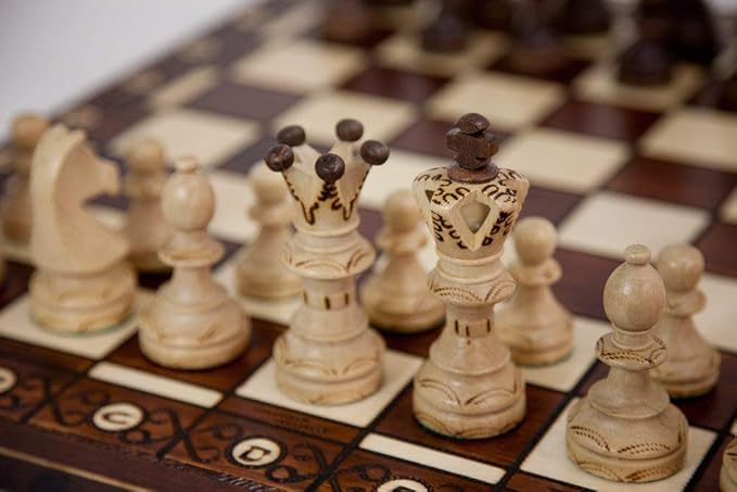 Wegiel Handmade European Ambassador Chess Set - Wooden 21 Inch Beech &amp Birch Board with Felt Base - Carved Hornbeam &amp Sycamore Wood Chess Pieces