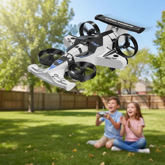 Racing car and drone combination remote-controlled flying car foam material. Features include one-key takeoff stable hovering racing mode and 360° aerial flips. An ideal and fun birthday gift.