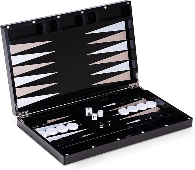 Bey-Berk Damien Acrylic Backgammon Set 14 Black Lucite Case with Magnetic Closure and Complete Playing Pieces Sleek Modern Game Display