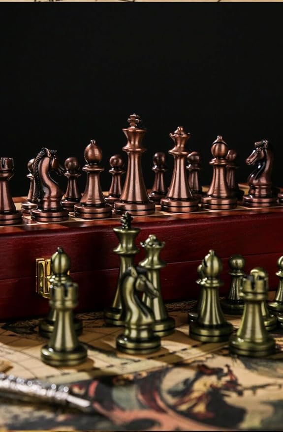 Agirlgle Retro Metal Chess Set with Folding Wooden Chess Board and Classic Handmade Standard Pieces Metal Chess Set for Kids Adult
