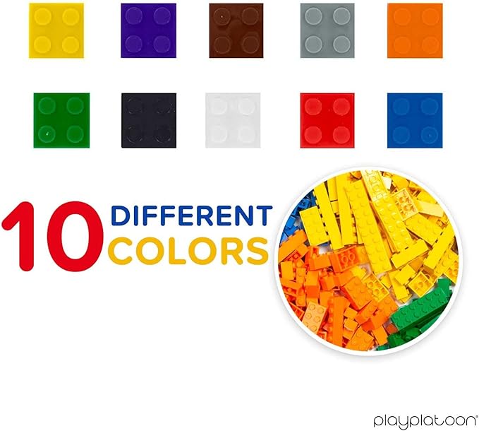 Play Platoon 1120 Pieces Building Bricks Set - 10 Classic Color Blocks - Bulk Building Blocks Compatible with Major Brands - 14 Different Shape Bricks - Includes Wheels Tires Axles Windows &amp Do
