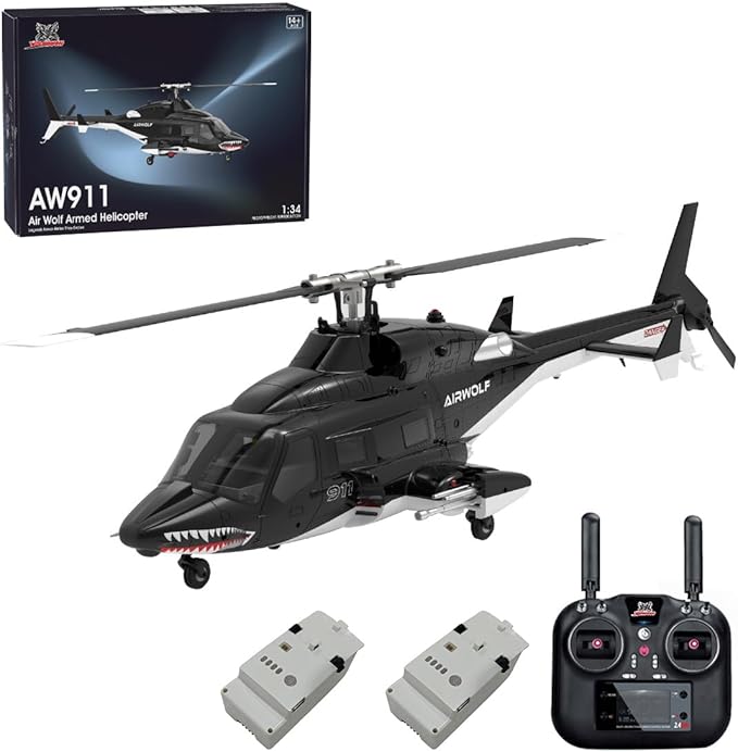 1/34 Scale AW-911 Air-Wolf RC Helicopter 2.4G 9CH Flybarless Airplanewith 6G/3D Stunt Mode and GPS Positioning (RTF Version/Mode 1/Mode 2)