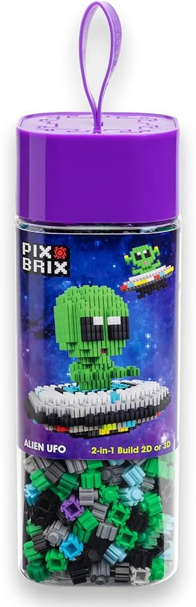 Pix Brix Space Bottle – UFO Set | 965-Piece 2D &amp 3D Alien Building Kit for Kids 8+ | Reusable Storage Bottle Keychain Clip Pixel Art Blocks | Creative STEM Toy Compatible with Major Brick Brand